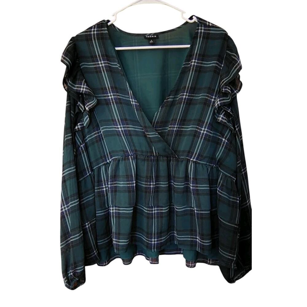 Torrid Shirt Size 3 Green Plaid Sheer Low Cut Neckline Ruffles Elastic Waist Top